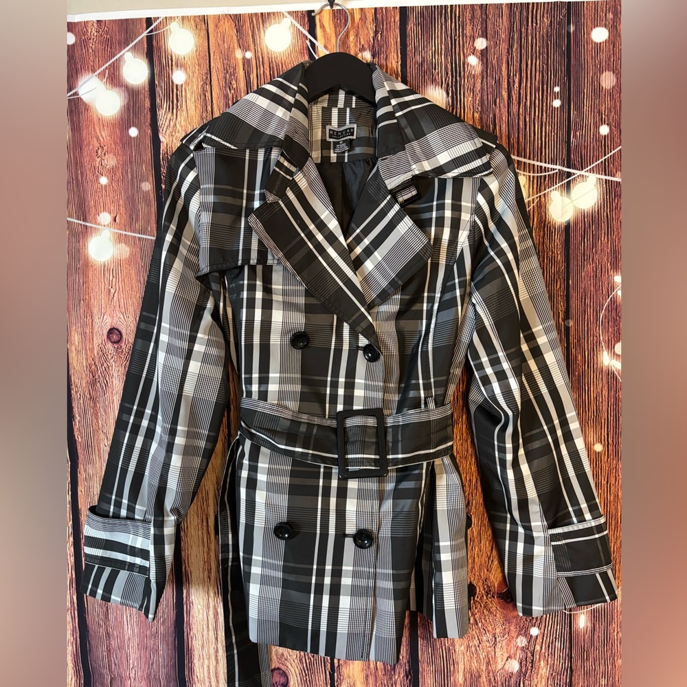 Renuar Black and White Plaid Trench Coat